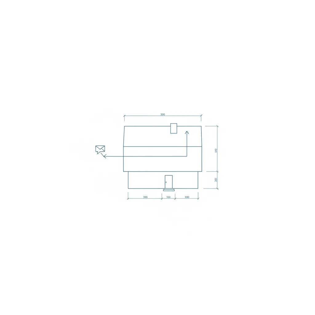 Schéma technique façon plan d'architecte : une flèche continue relie un message entrant au seuil d'une maison, dont le toit est dessiné par cette même flèche.